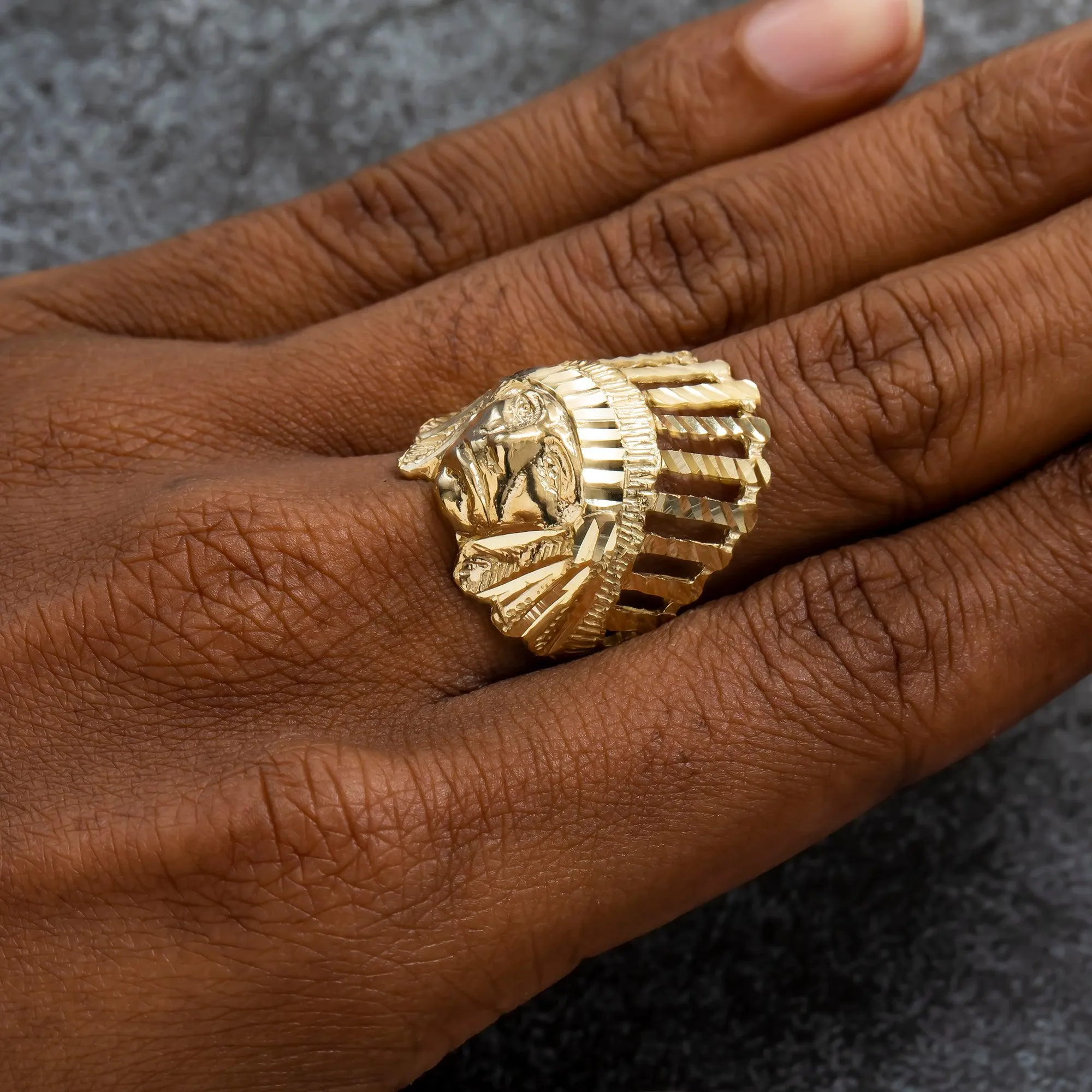 10K GOLD NATIVE AMERICAN TRIBAL HEAD RING 8.9G