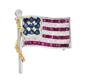 1.25 CTW Sapphire Ruby Diamond 14 Karat Two-Tone Gold American Flag Pendant Brooch