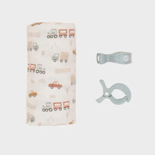 All4Ella Organic Muslin Swaddle & 2 Pram Pegs - Trucks