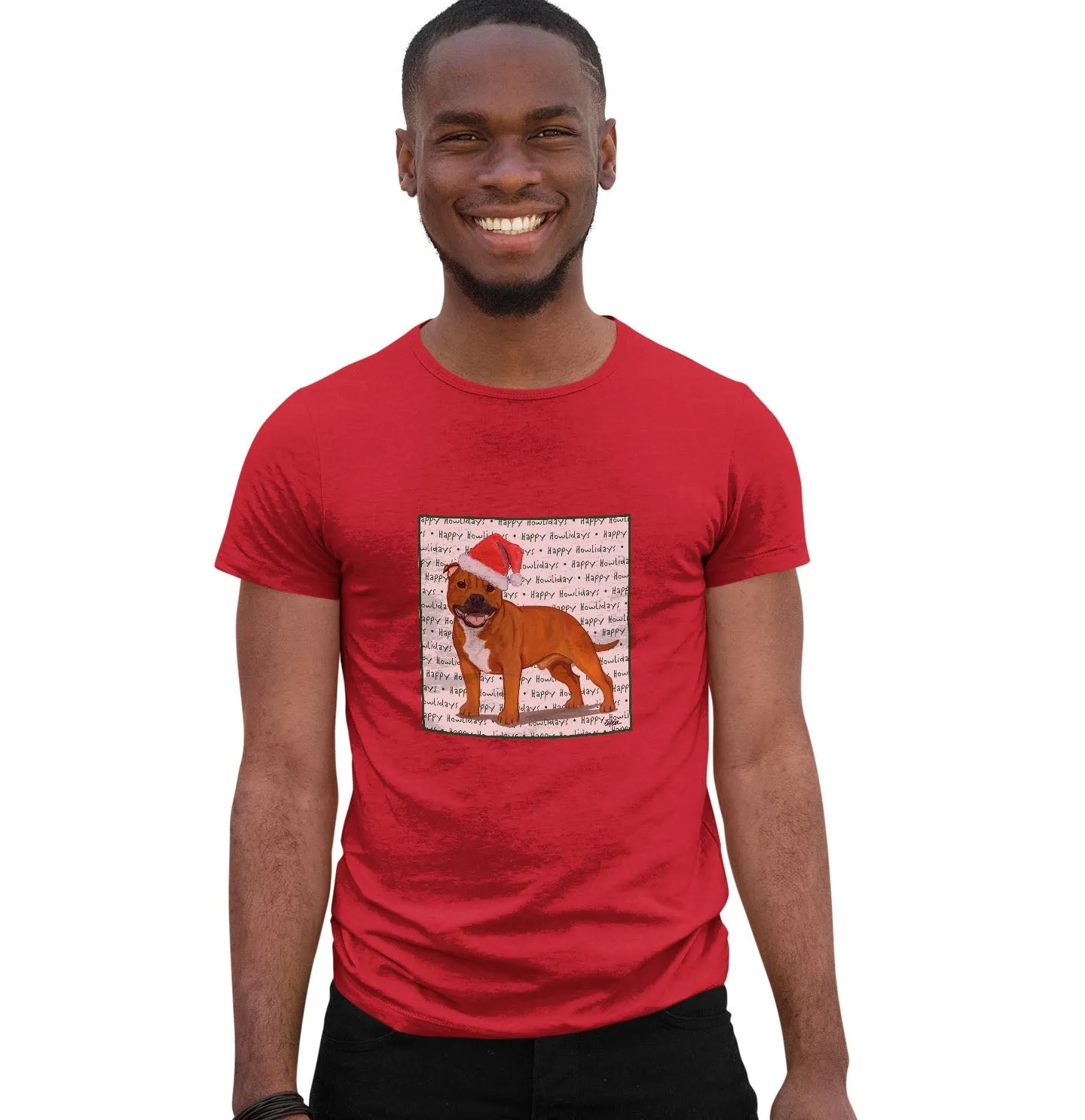 American Staffordshire Terrier (Red) Happy Howlidays Text - Adult Unisex T-Shirt