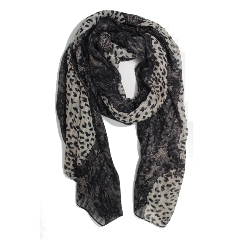 Animal Print Scarf Lace Trim - Grey