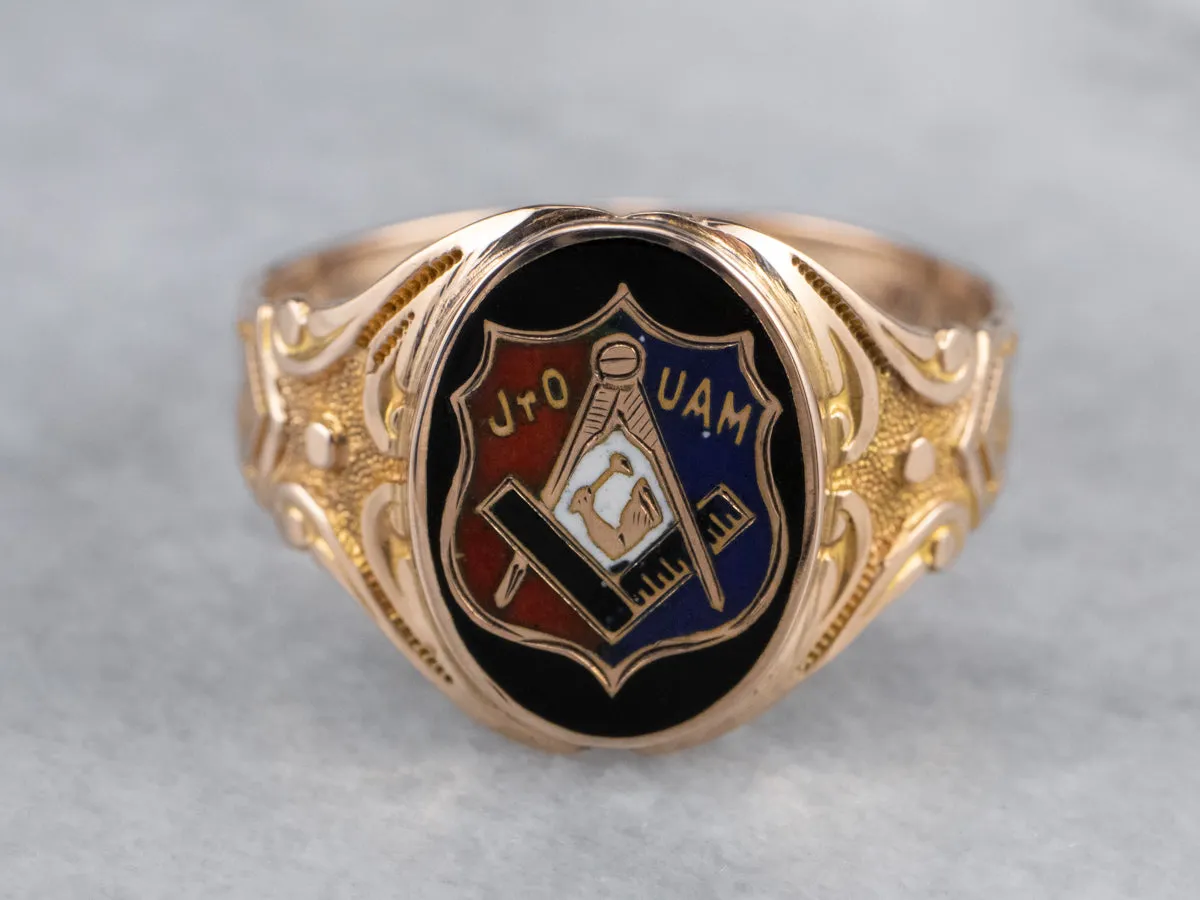 Antique Mechanics Fraternal Enamel Gold Ring