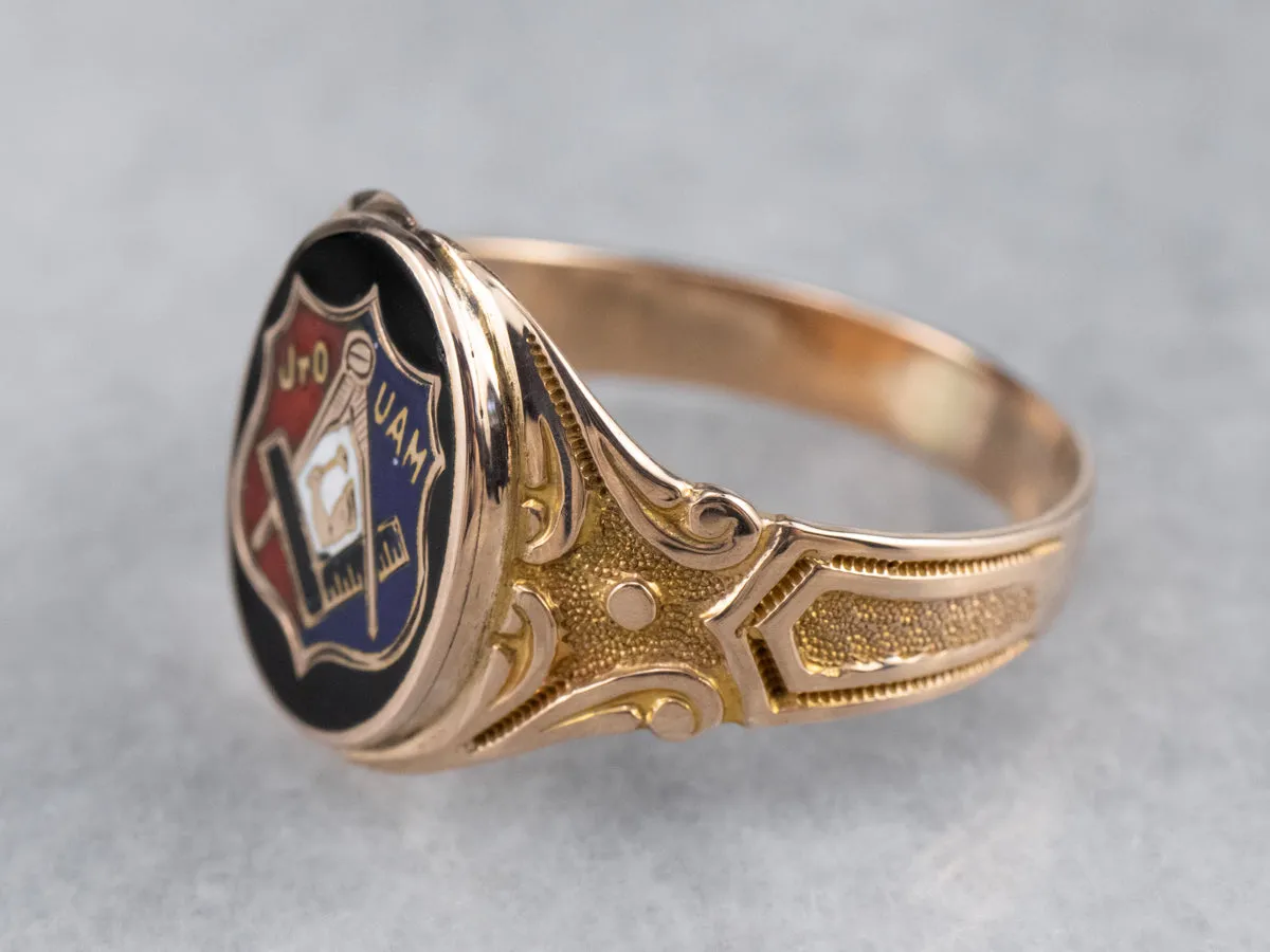 Antique Mechanics Fraternal Enamel Gold Ring