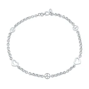 Aum Om Ohm Peace Sign Anklet Charm CZ Accent Sterling Silver Adjustable 9 -10"