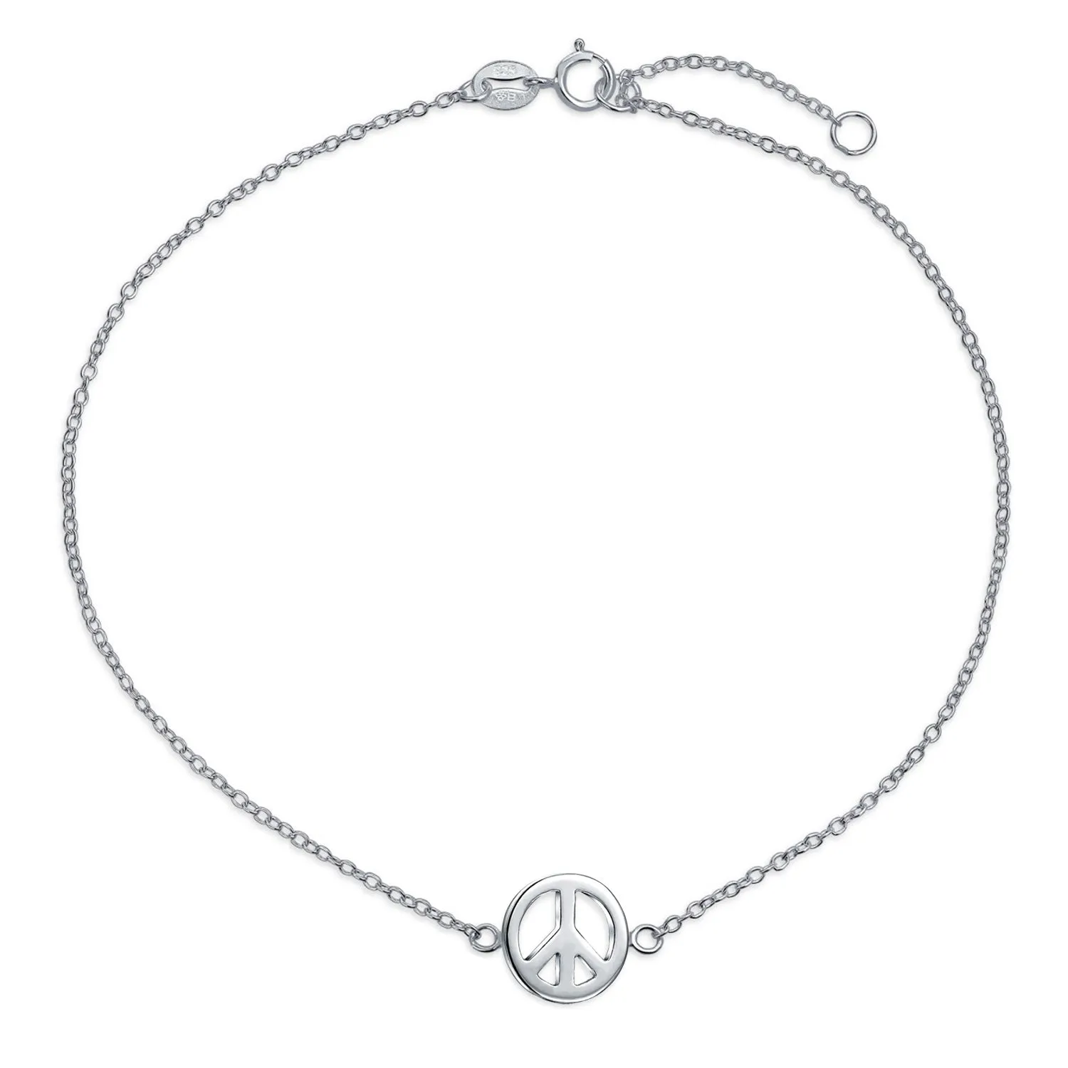 Aum Om Ohm Peace Sign Anklet Charm CZ Accent Sterling Silver Adjustable 9 -10"