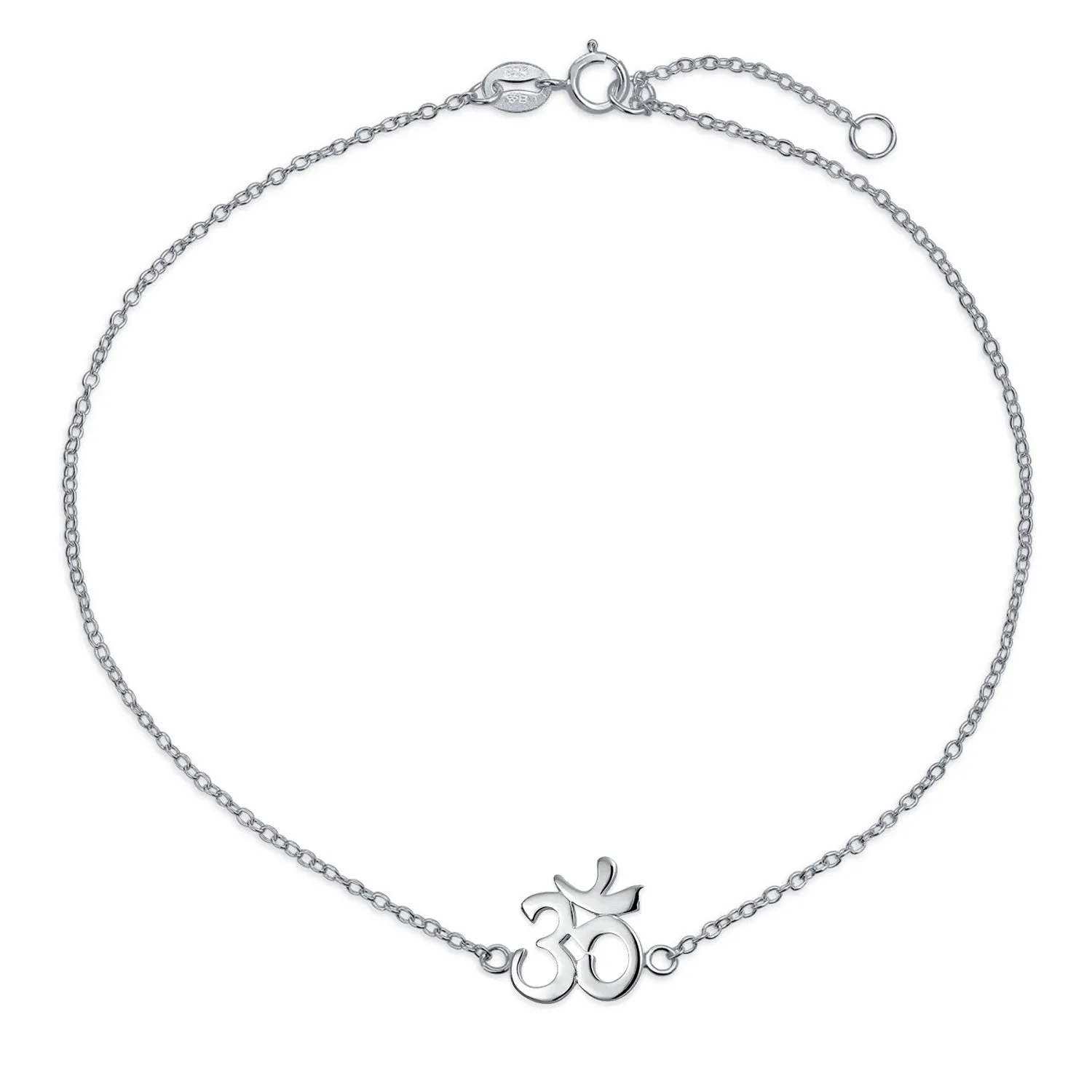 Aum Om Ohm Peace Sign Anklet Charm CZ Accent Sterling Silver Adjustable 9 -10"