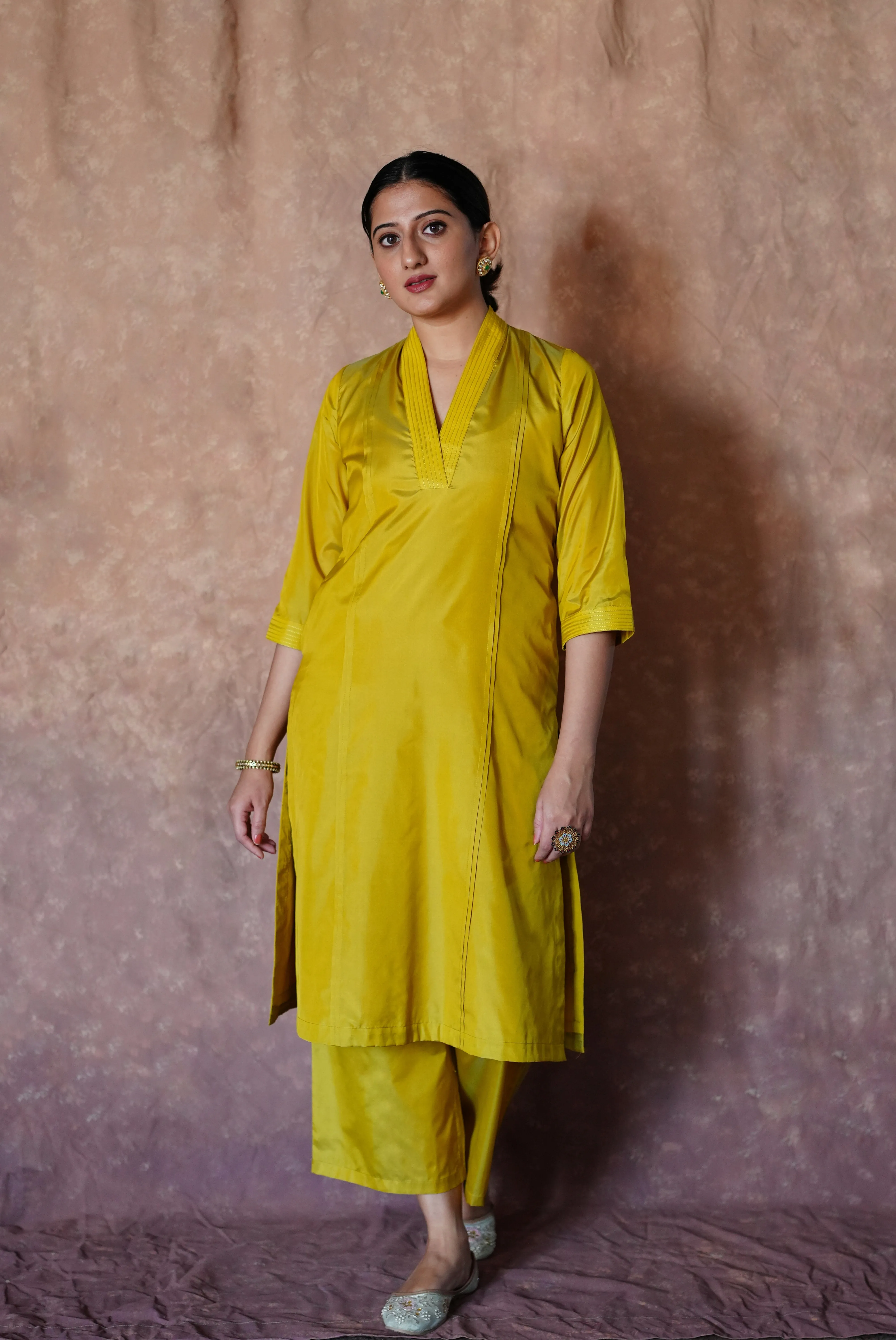 Barkha x Tyohaar | Lemon Yellow A-Line Art Silk V Neck Kurta with Detailing | Coords or Only Kurta