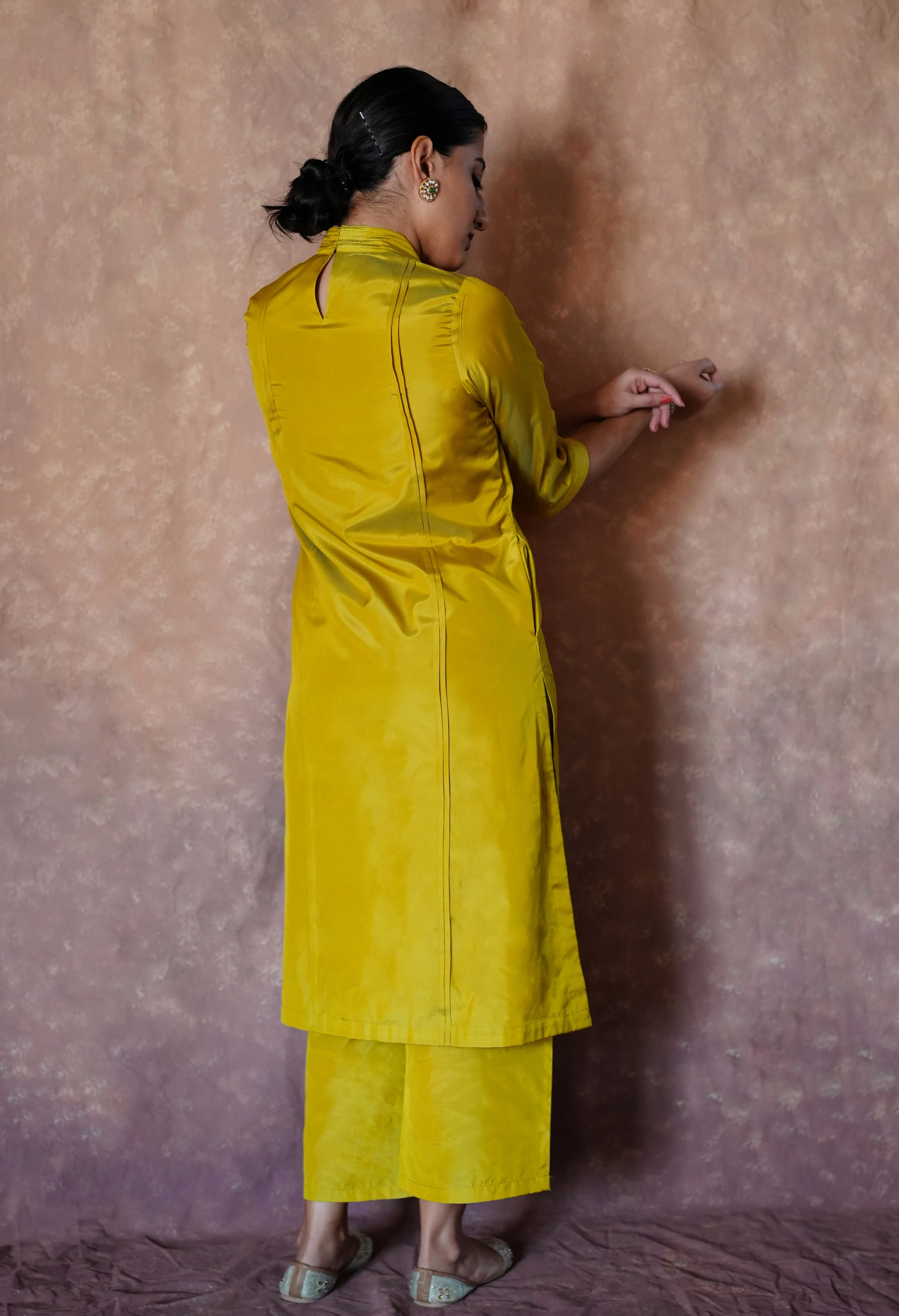 Barkha x Tyohaar | Lemon Yellow A-Line Art Silk V Neck Kurta with Detailing | Coords or Only Kurta