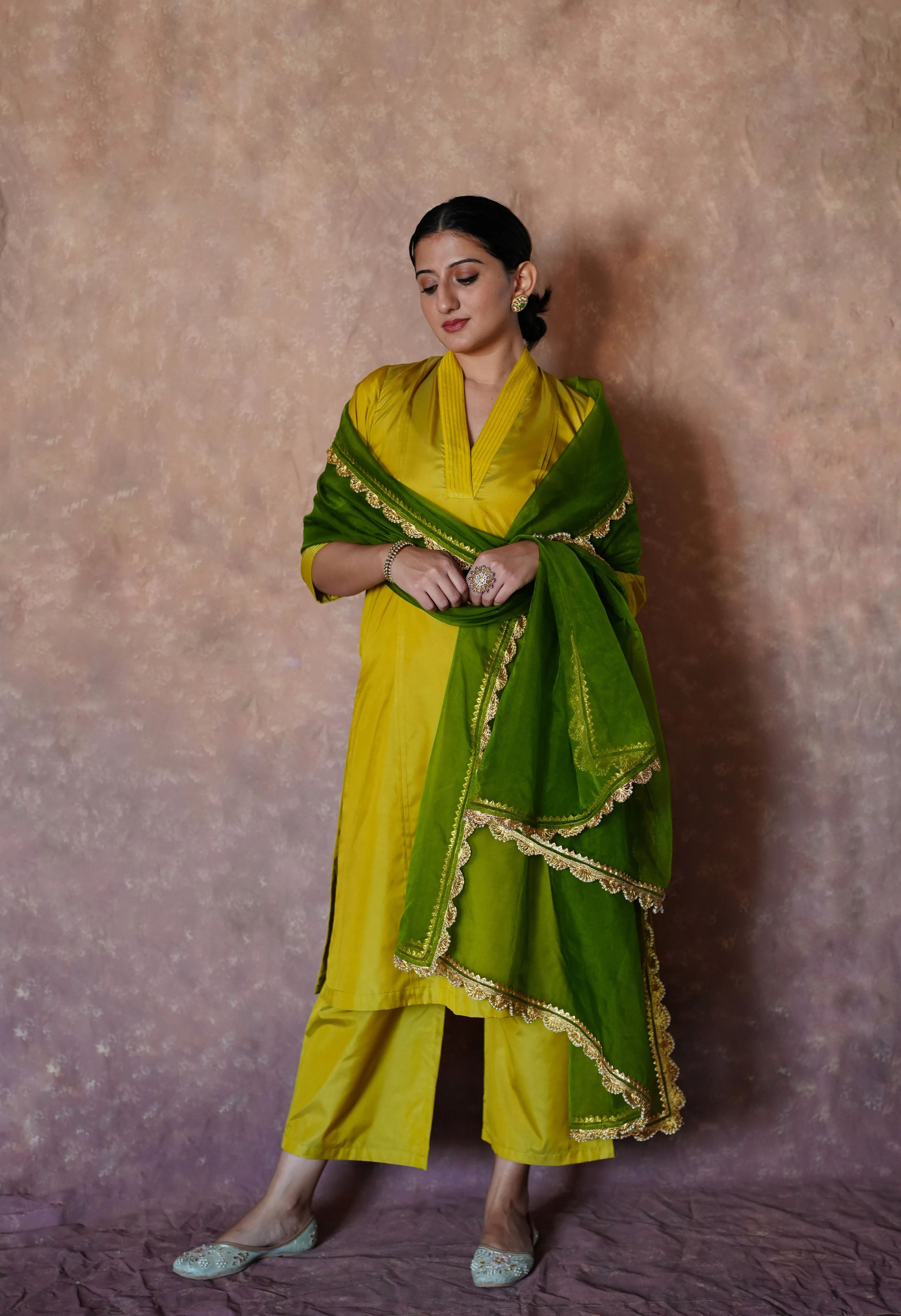 Barkha x Tyohaar | Lemon Yellow A-Line Art Silk V Neck Kurta with Detailing | Coords or Only Kurta