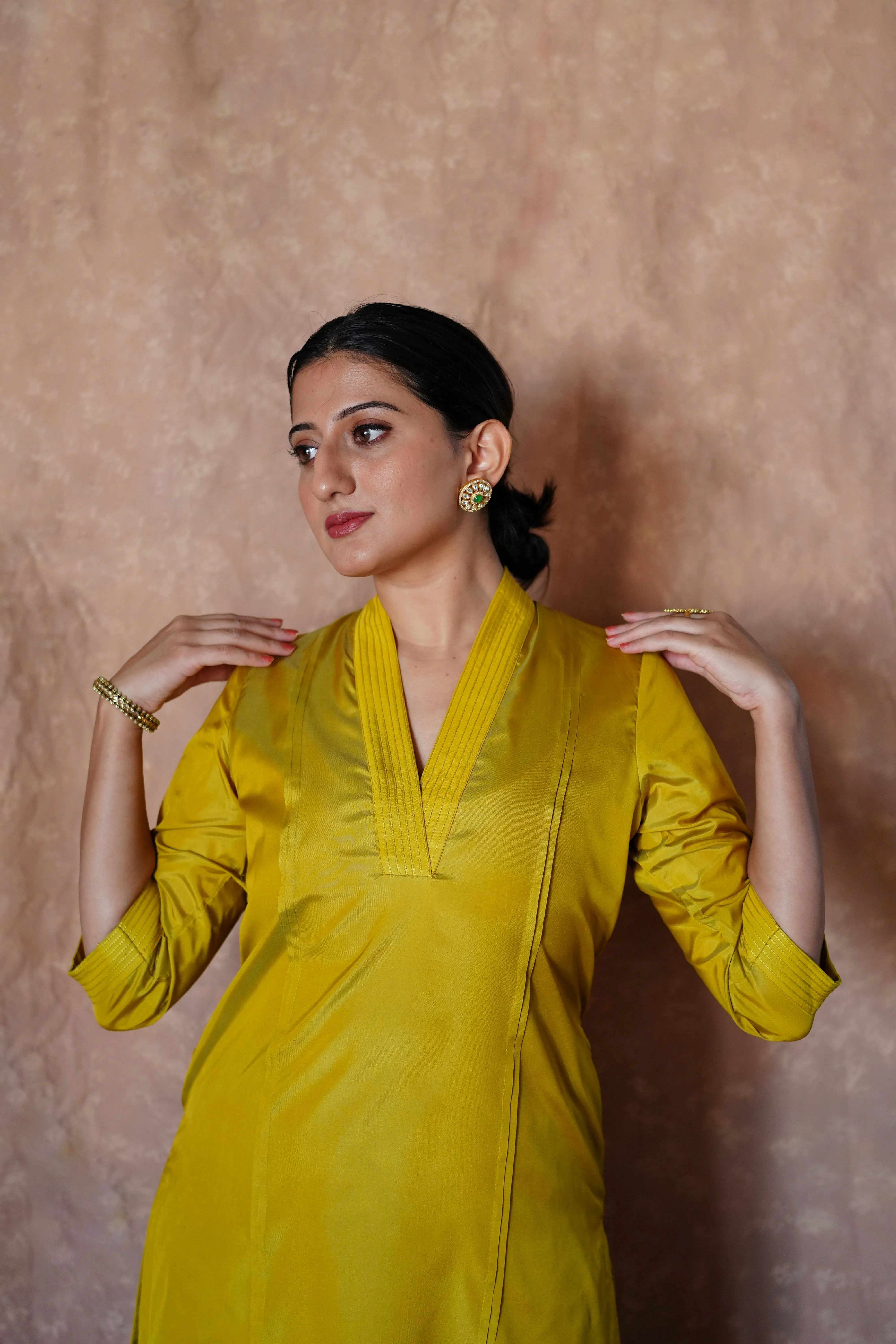 Barkha x Tyohaar | Lemon Yellow A-Line Art Silk V Neck Kurta with Detailing | Coords or Only Kurta