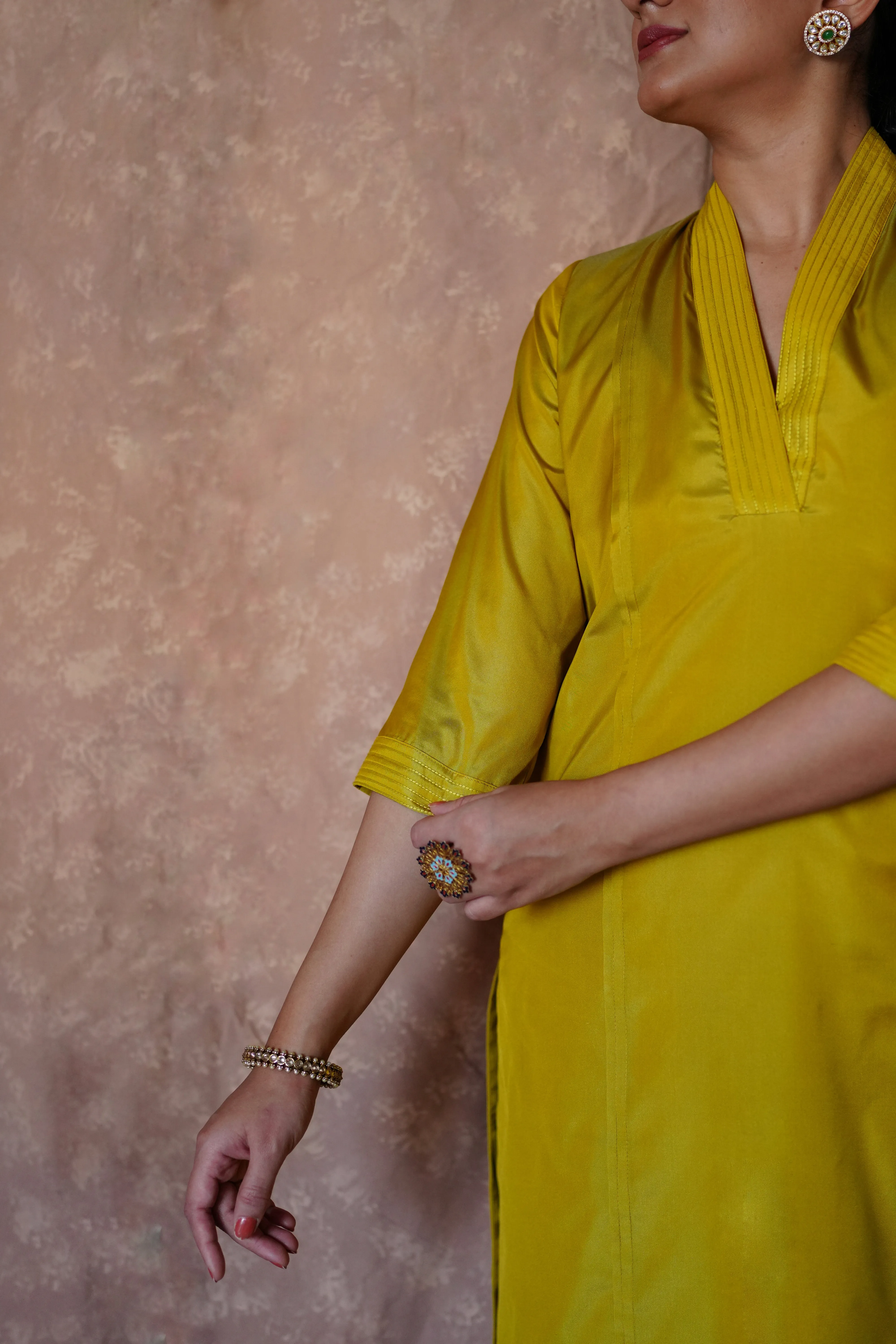 Barkha x Tyohaar | Lemon Yellow A-Line Art Silk V Neck Kurta with Detailing | Coords or Only Kurta