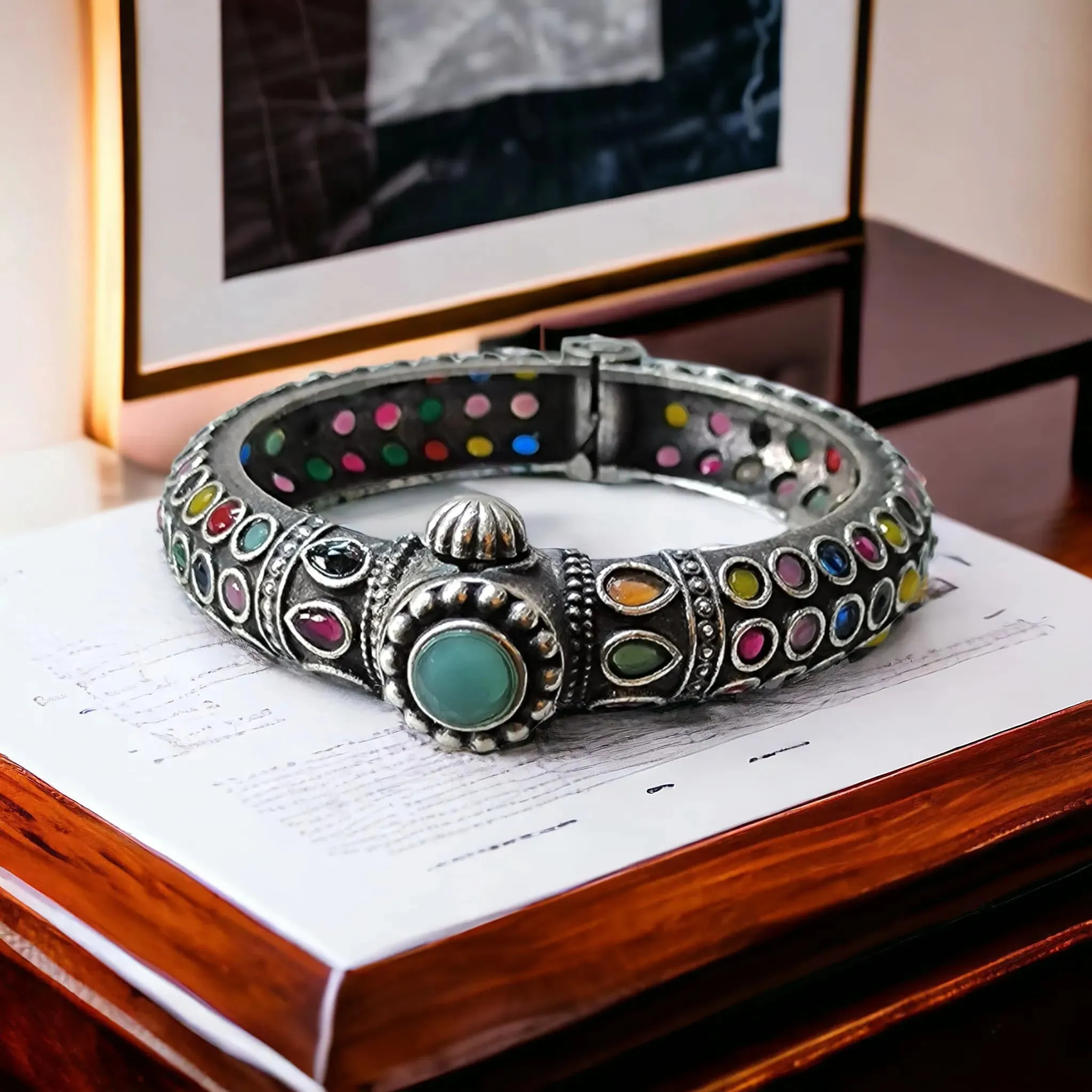 Bhama Kolhapuri Stone Openable Kada Bangle, Turquoise