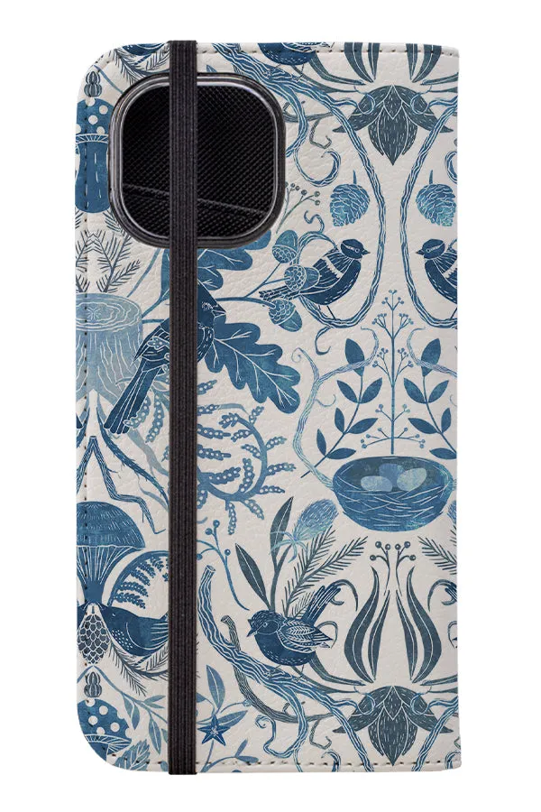 Birds in a Thicket Woodland Damask by Michele Norris Wallet Phone Case (Blue)