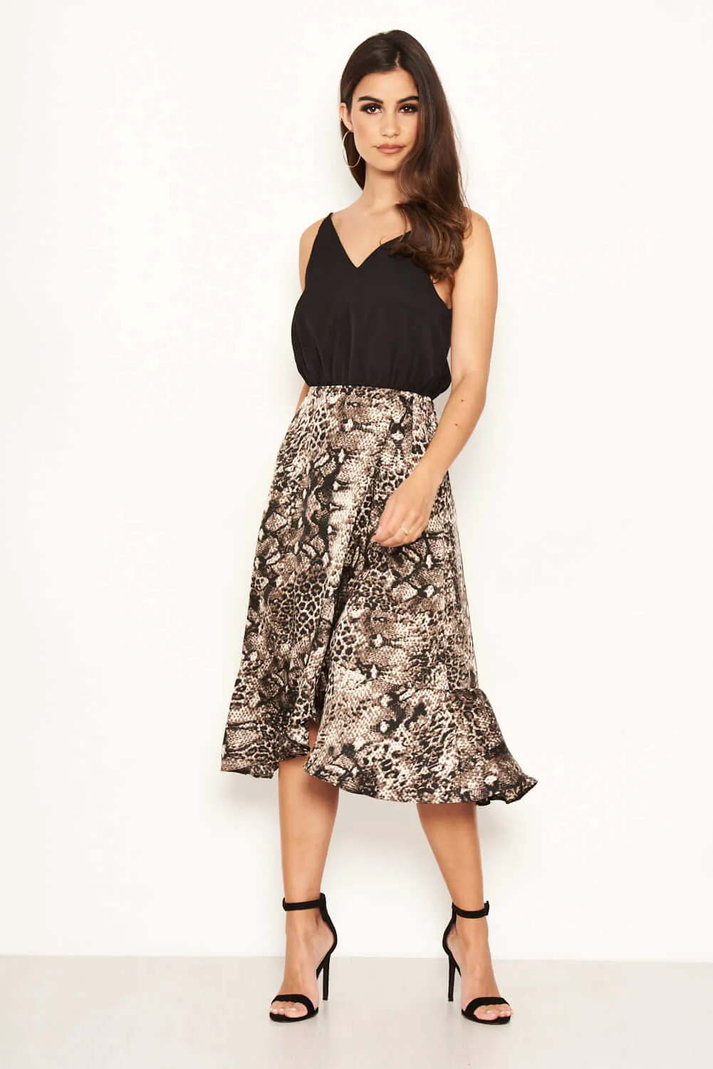 Black And Grey Animal Print 2 In 1 Frill Hem Midi Dress