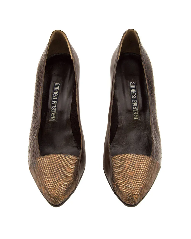 Bronze and Brown Snakeskin Pumps