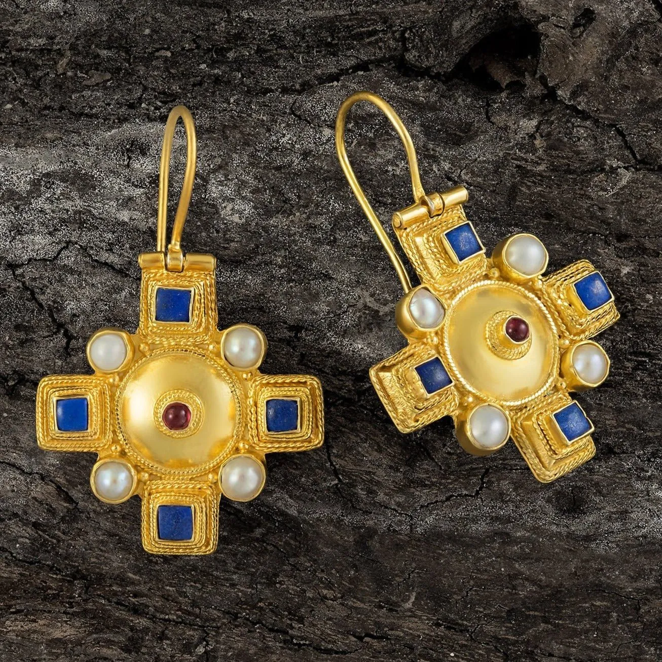 Canterbury Cross Lapis and Pearl Earrings