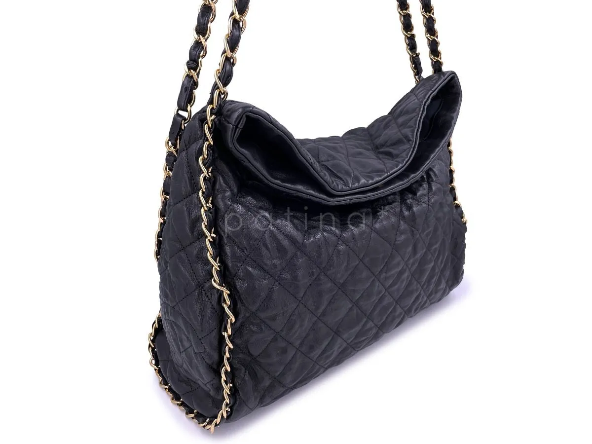 Chanel Black Aged Calfskin Chain Around XL Hobo Tote Bag