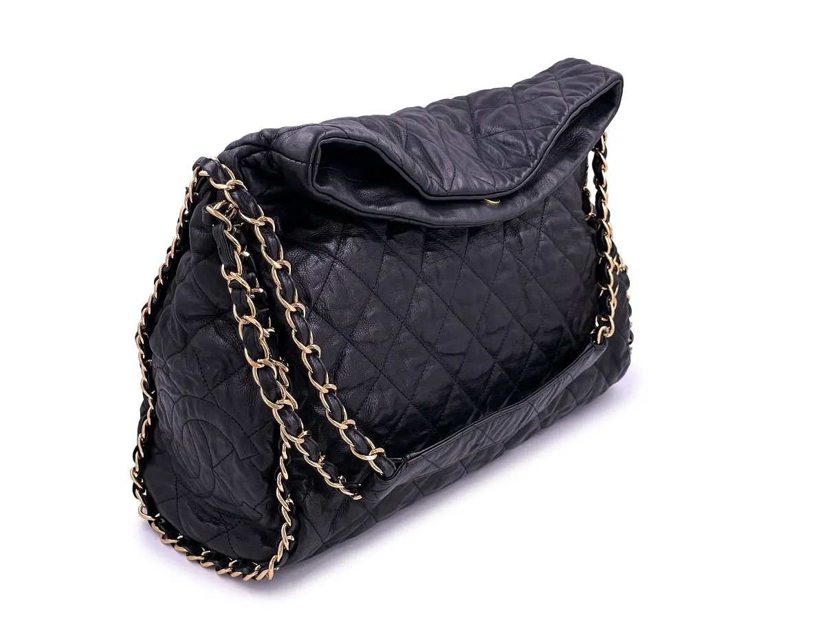 Chanel Black Aged Calfskin Chain Around XL Hobo Tote Bag