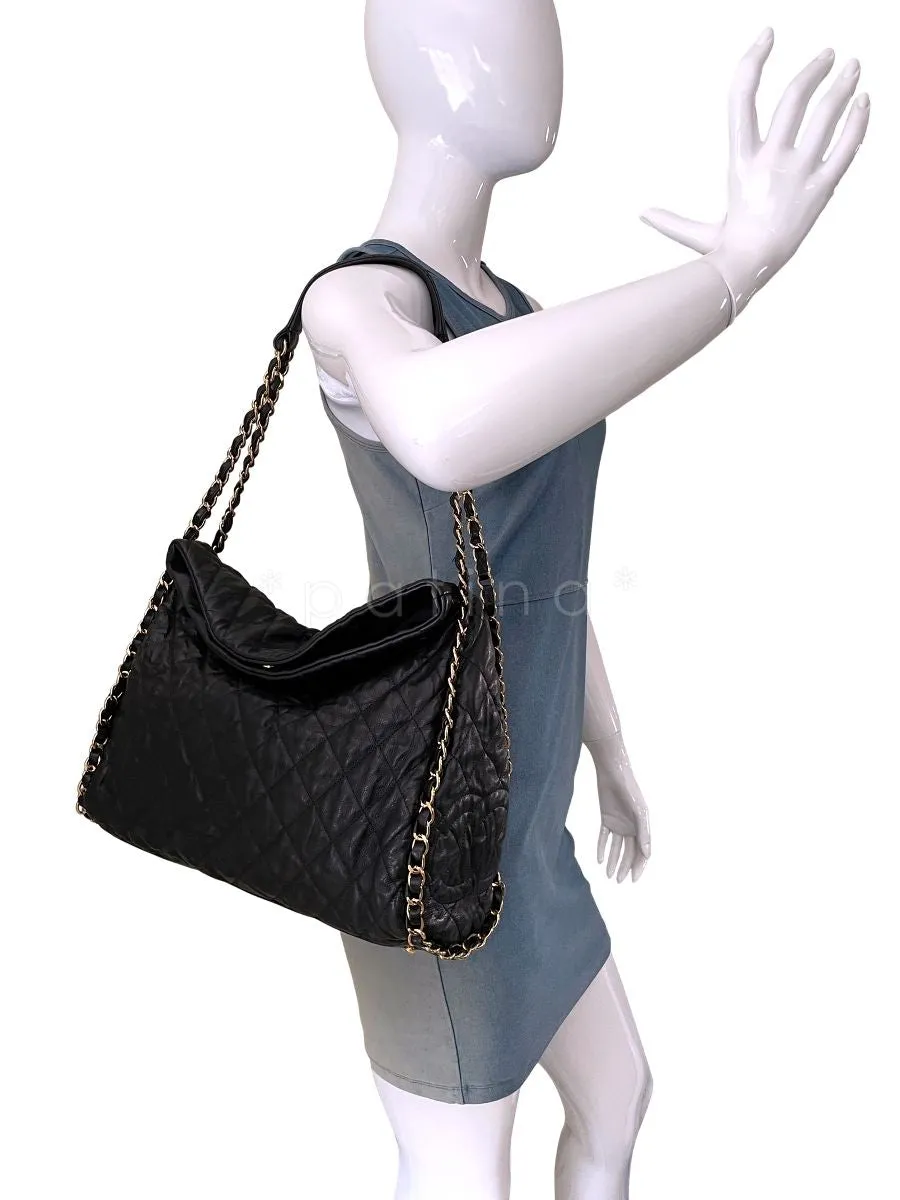 Chanel Black Aged Calfskin Chain Around XL Hobo Tote Bag