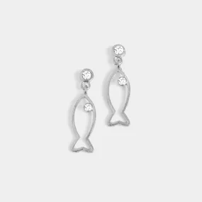 Clear Stone Fish Dangle Earrings - Silver