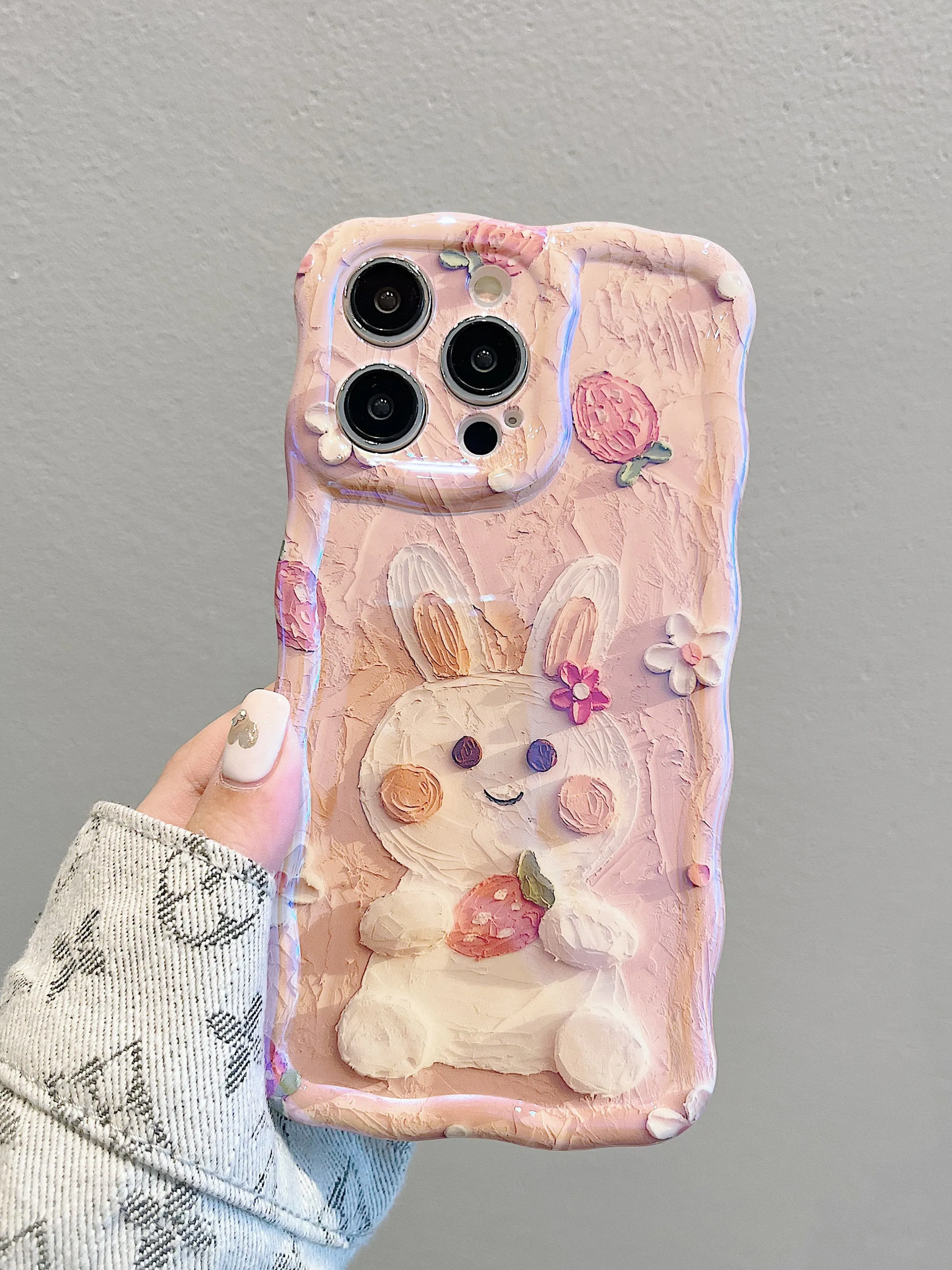 Cute Kawaii Glossy 3D Oil Painting Rabbit Strawberry Flower Design Protective Shockproof iPhone Case for iPhone 11 12 13 14 15 Pro Max Case