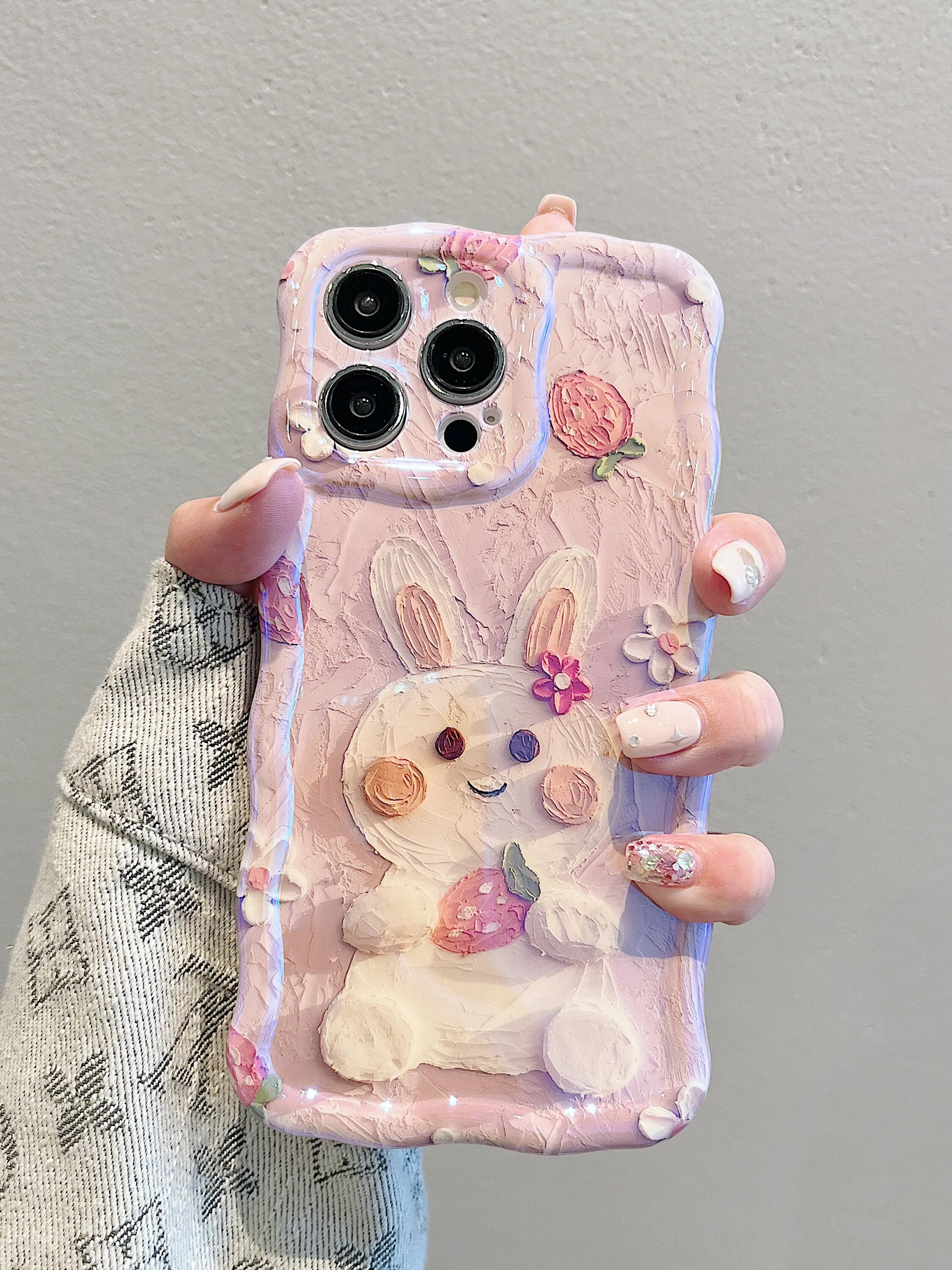 Cute Kawaii Glossy 3D Oil Painting Rabbit Strawberry Flower Design Protective Shockproof iPhone Case for iPhone 11 12 13 14 15 Pro Max Case