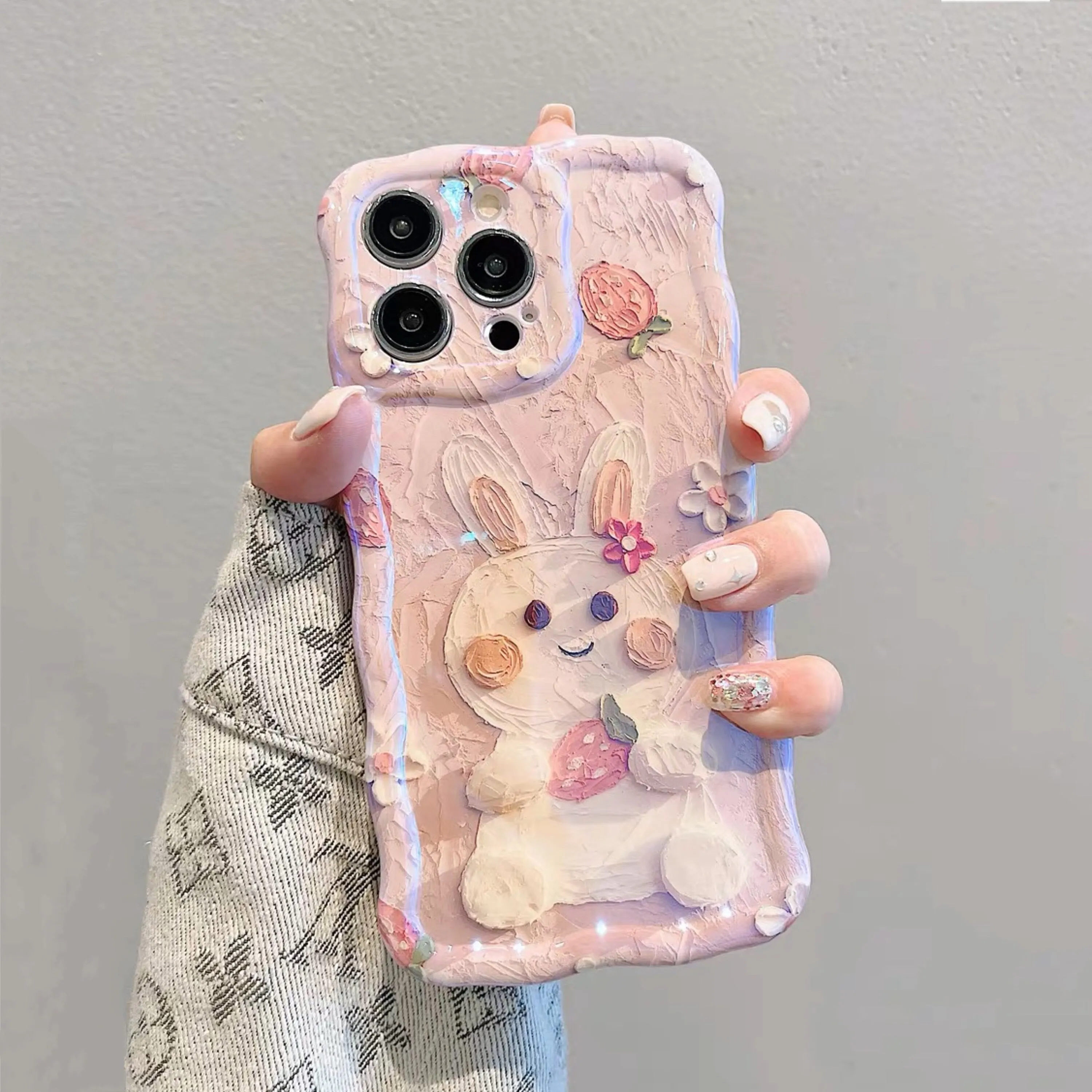 Cute Kawaii Glossy 3D Oil Painting Rabbit Strawberry Flower Design Protective Shockproof iPhone Case for iPhone 11 12 13 14 15 Pro Max Case