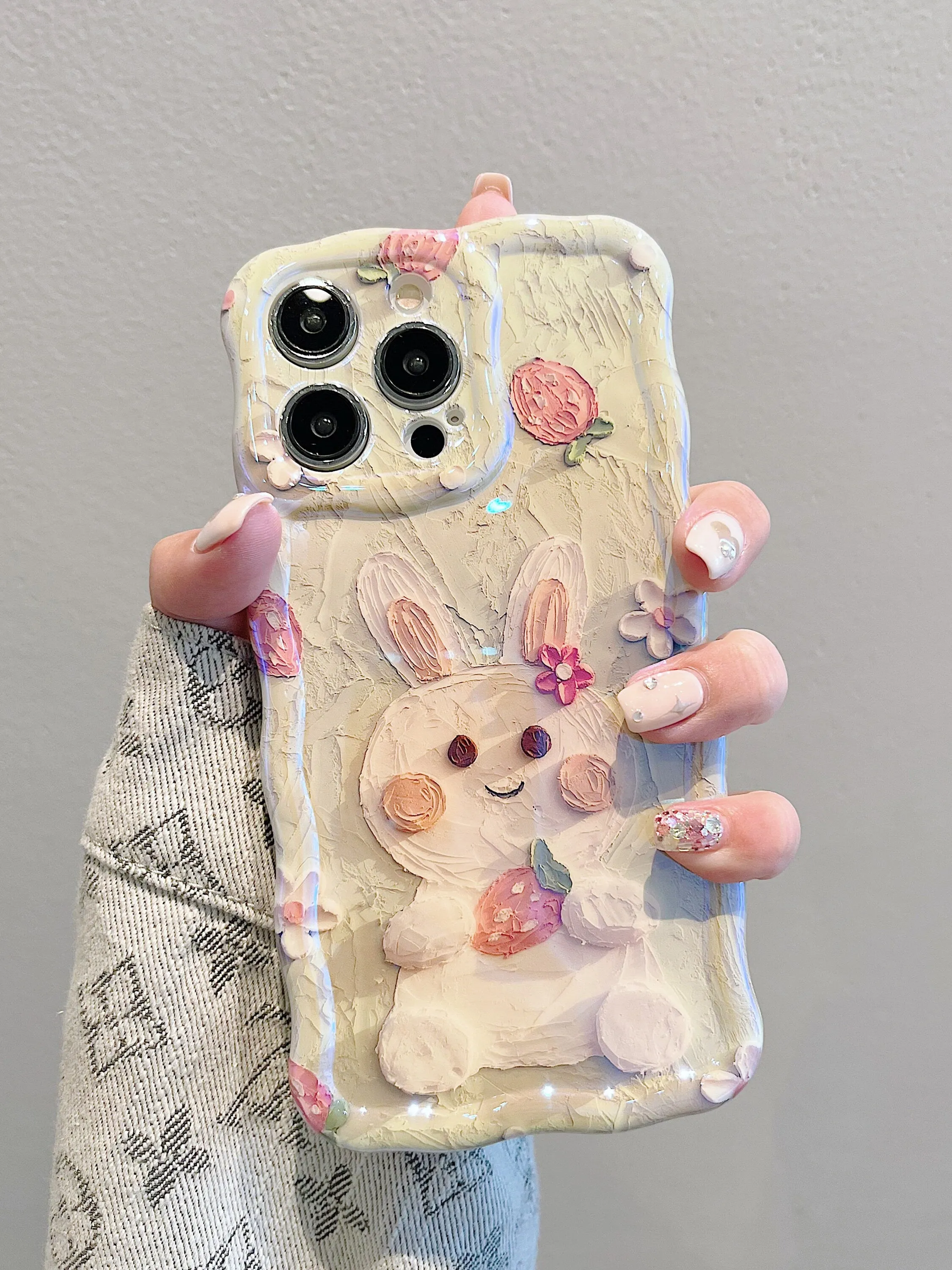 Cute Kawaii Glossy 3D Oil Painting Rabbit Strawberry Flower Design Protective Shockproof iPhone Case for iPhone 11 12 13 14 15 Pro Max Case