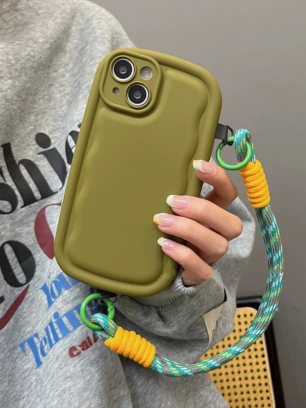 Cute Solid Color Minimalist Thick Bulky 3D Wave Design Protective Shockproof iPhone Case   Rope Strap for iPhone 11 12 13 14 15 Plus Pro Max