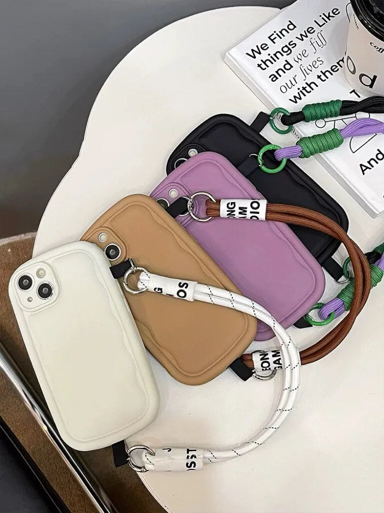 Cute Solid Color Minimalist Thick Bulky 3D Wave Design Protective Shockproof iPhone Case   Rope Strap for iPhone 11 12 13 14 15 Plus Pro Max