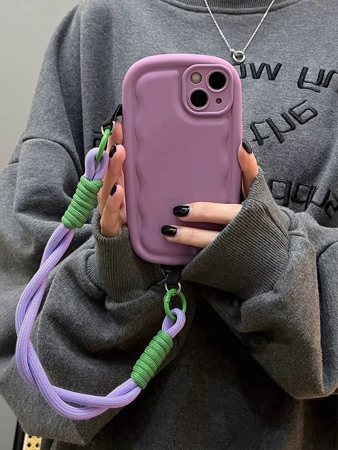 Cute Solid Color Minimalist Thick Bulky 3D Wave Design Protective Shockproof iPhone Case   Rope Strap for iPhone 11 12 13 14 15 Plus Pro Max