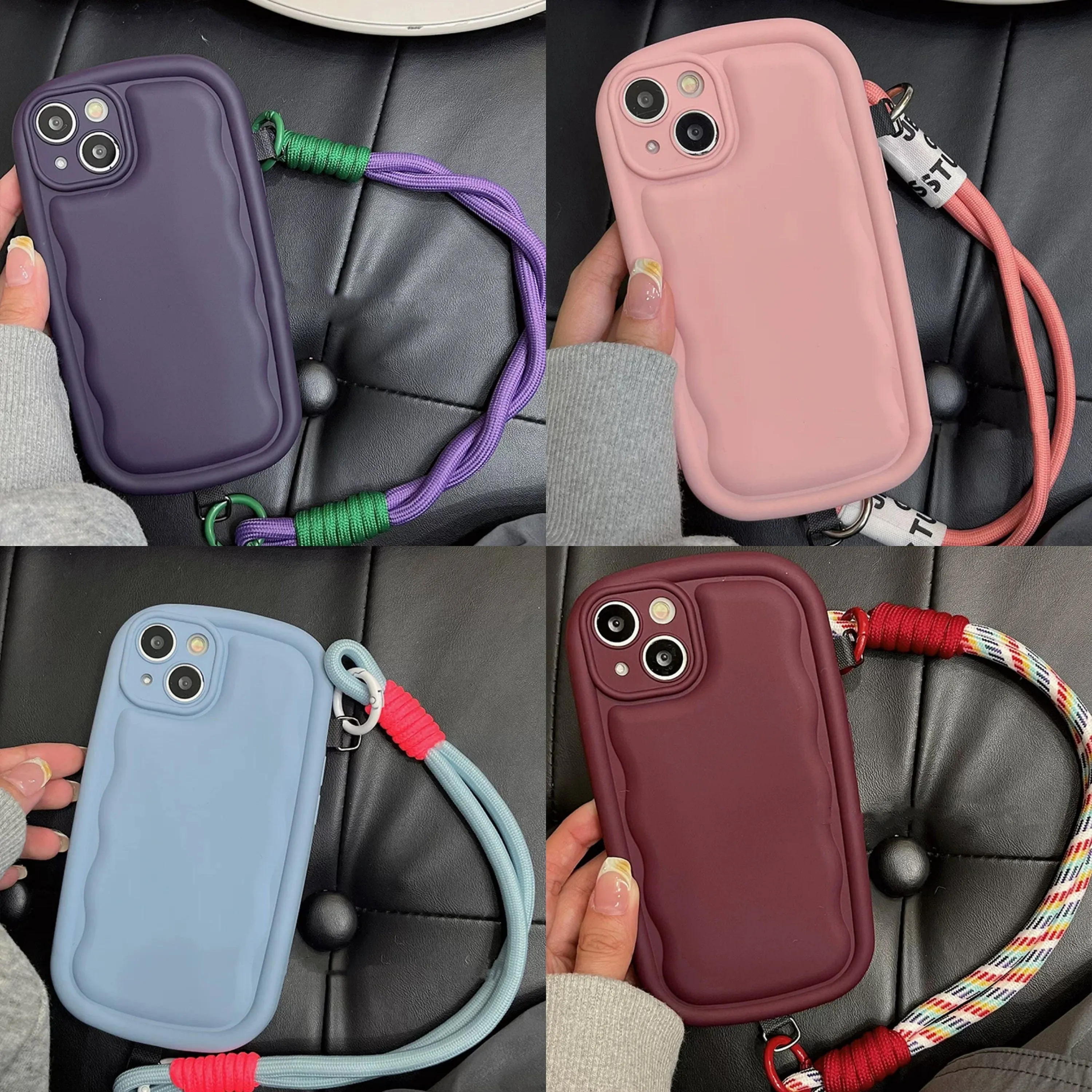 Cute Solid Color Minimalist Thick Bulky 3D Wave Design Protective Shockproof iPhone Case   Rope Strap for iPhone 11 12 13 14 15 Plus Pro Max