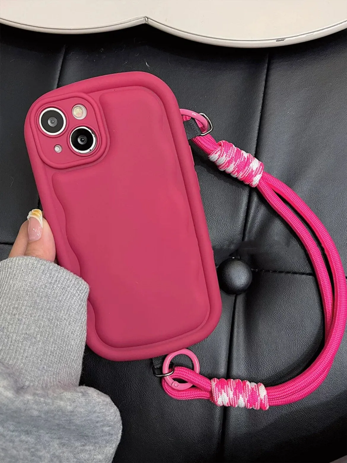 Cute Solid Color Minimalist Thick Bulky 3D Wave Design Protective Shockproof iPhone Case   Rope Strap for iPhone 11 12 13 14 15 Plus Pro Max