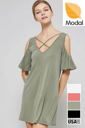 Cutout Modal Dress W/ Ruffled Sleeves