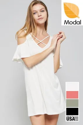 Cutout Modal Dress W/ Ruffled Sleeves