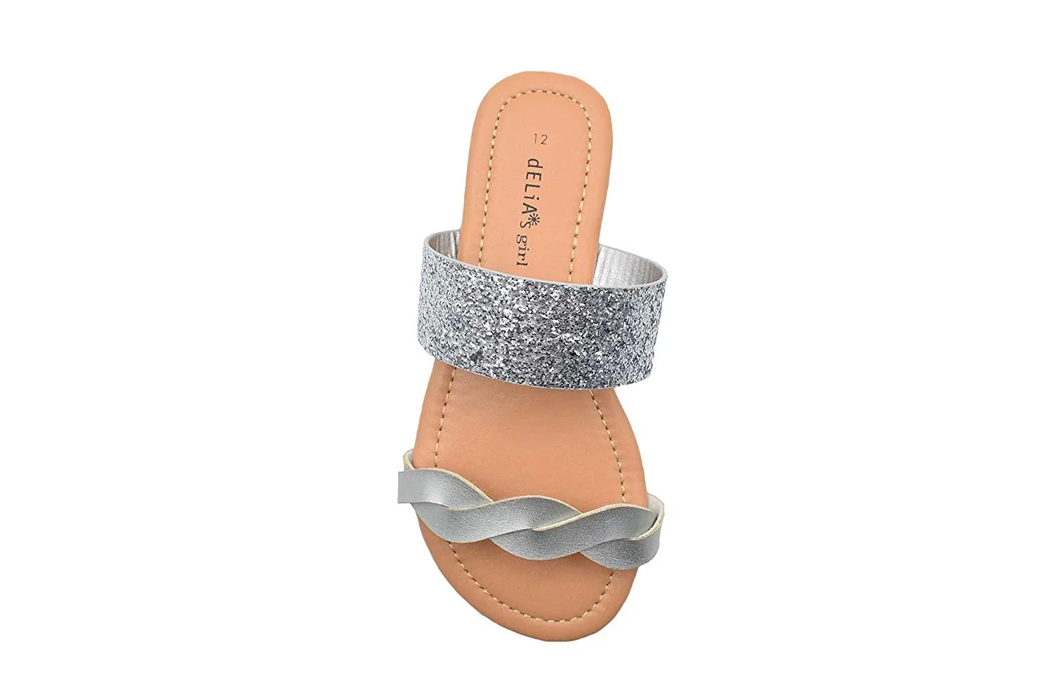 dELiAs Girls Fashion Sandals Slide Flip Flops with Braided Metalic and Glitter Strap