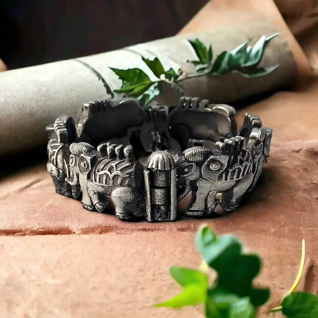 Ellora Elephant Kada Bangle, Silver