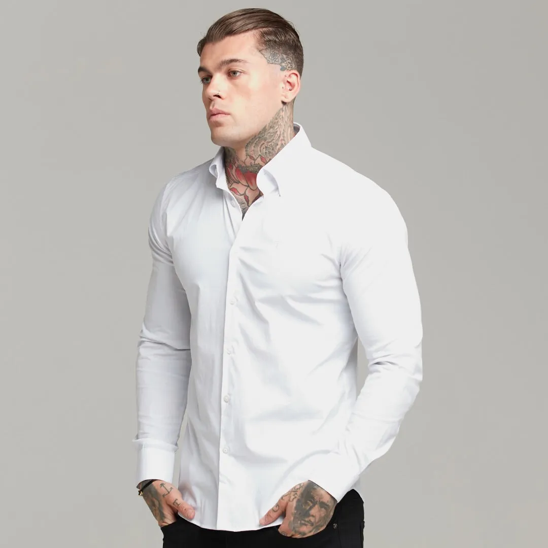 Father Sons Classic White Regular Stretch Shirt with Button Down Collar and White Embroidery - FS589