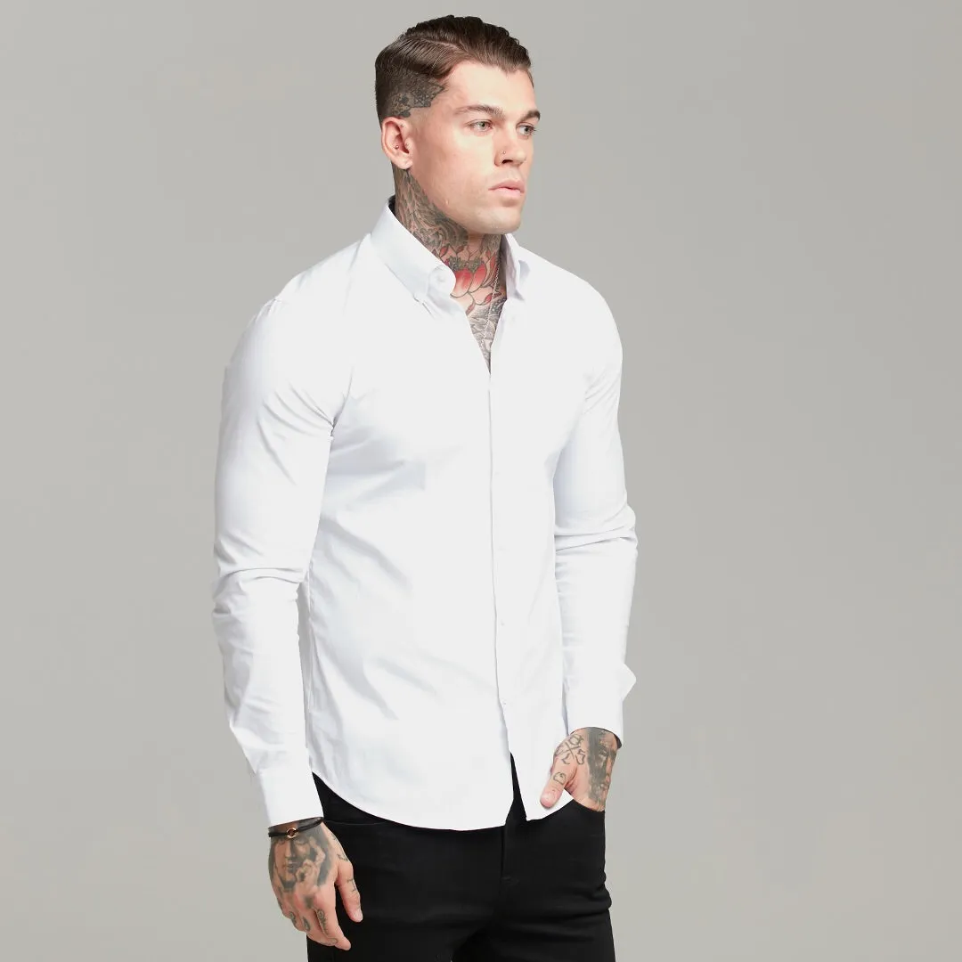 Father Sons Classic White Regular Stretch Shirt with Button Down Collar and White Embroidery - FS589