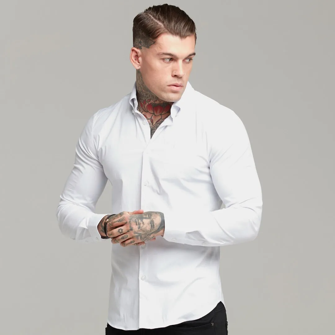 Father Sons Classic White Regular Stretch Shirt with Button Down Collar and White Embroidery - FS589