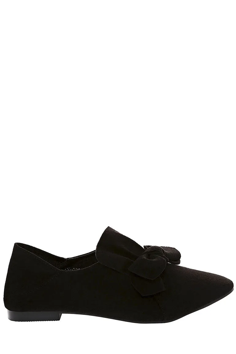 Faux Suede Bow Flat Shoe in Black