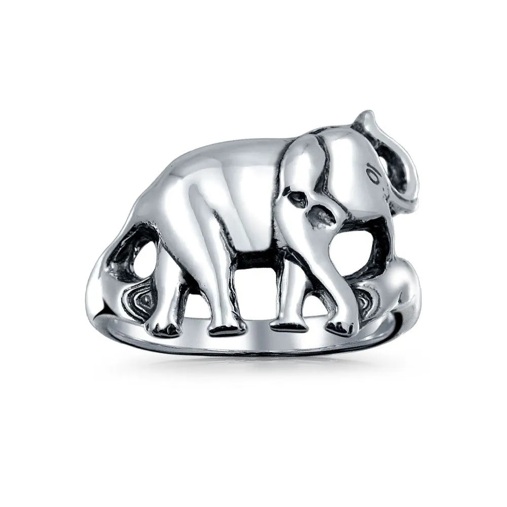 Good Luck Zoo Animal Two Elephants Ring Oxidized .925 Sterling Silver