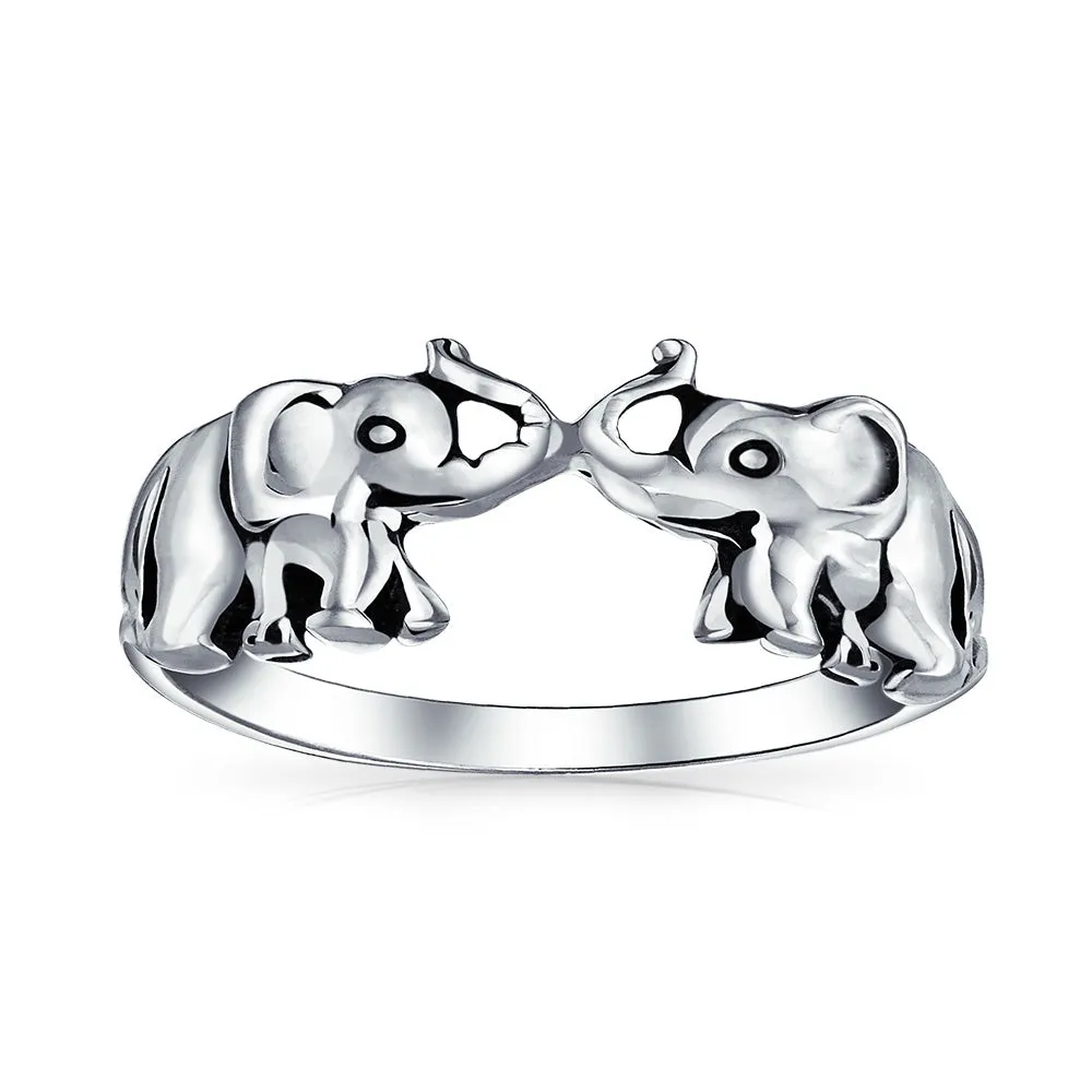 Good Luck Zoo Animal Two Elephants Ring Oxidized .925 Sterling Silver