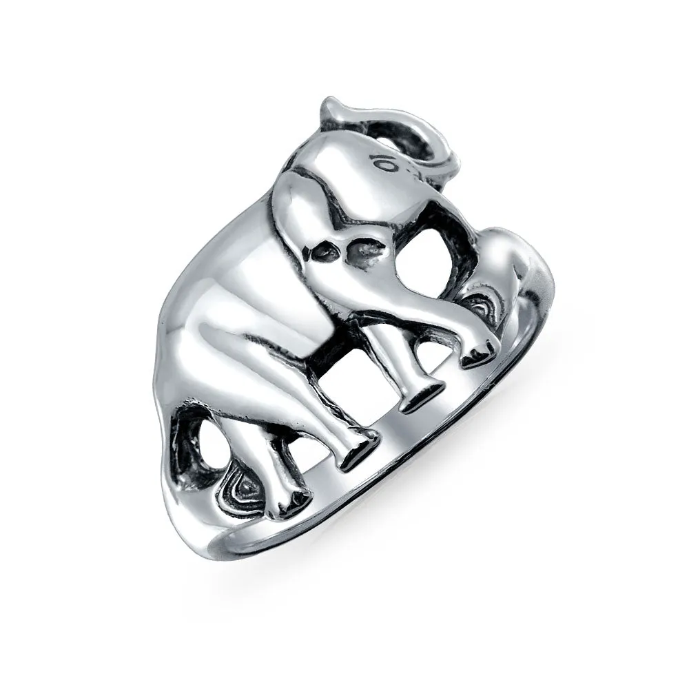 Good Luck Zoo Animal Two Elephants Ring Oxidized .925 Sterling Silver