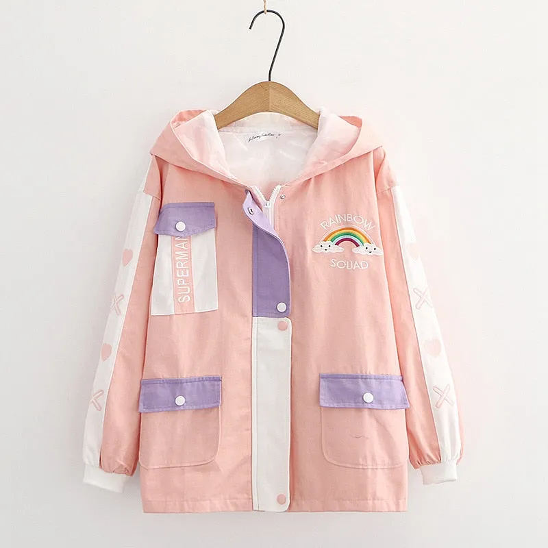 Pastel Zip-Up Jacket With Rainbow Embroidery