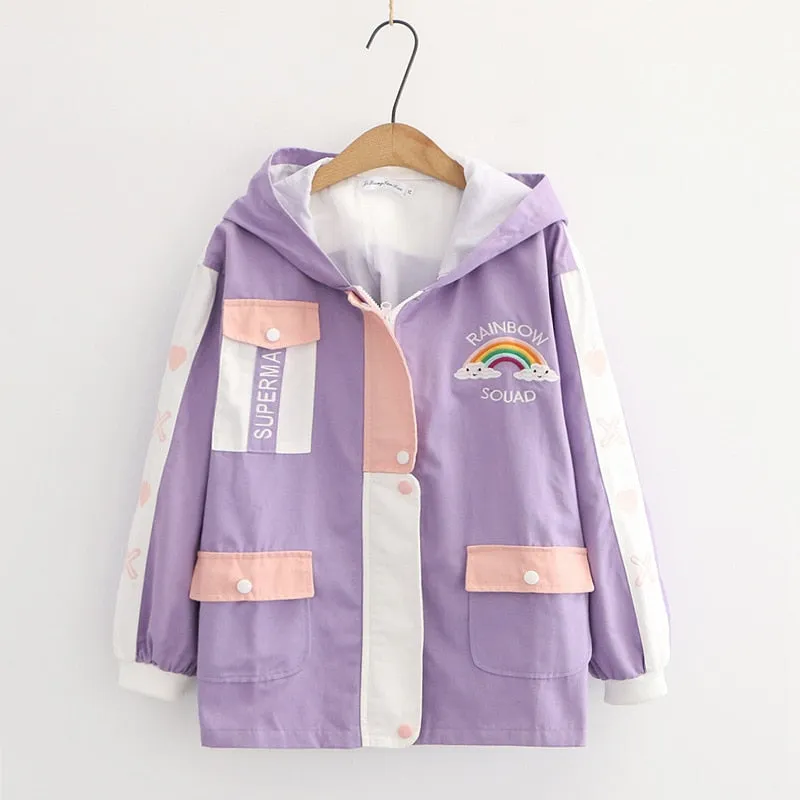 Pastel Zip-Up Jacket With Rainbow Embroidery