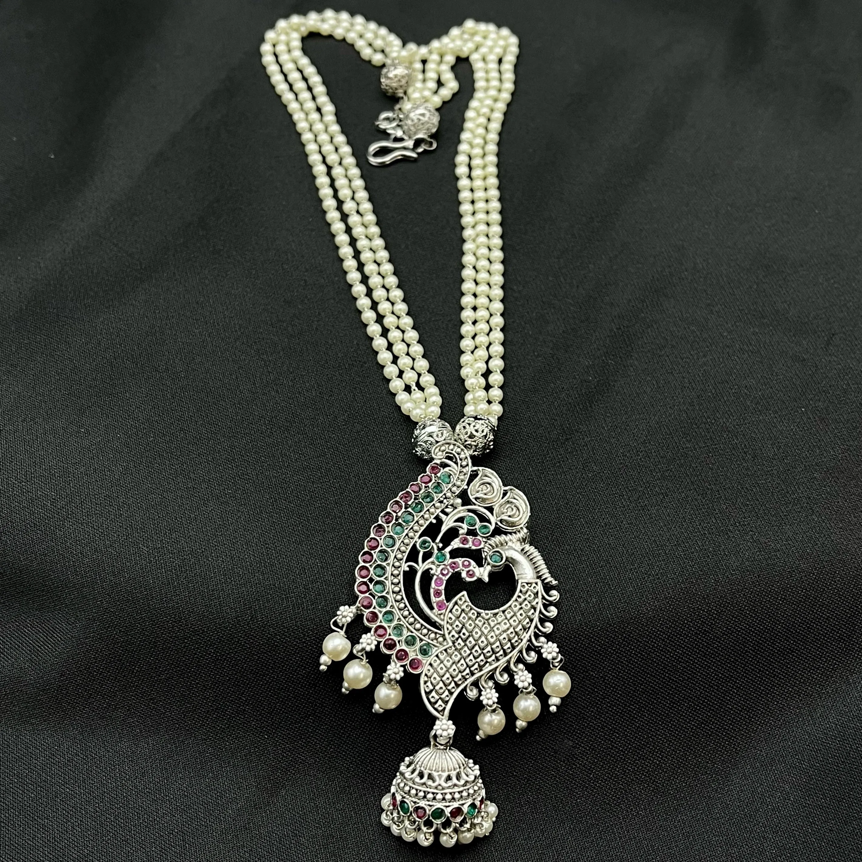 Peacock Oxidized German Silver Pearl Mala Necklace with Jhumka