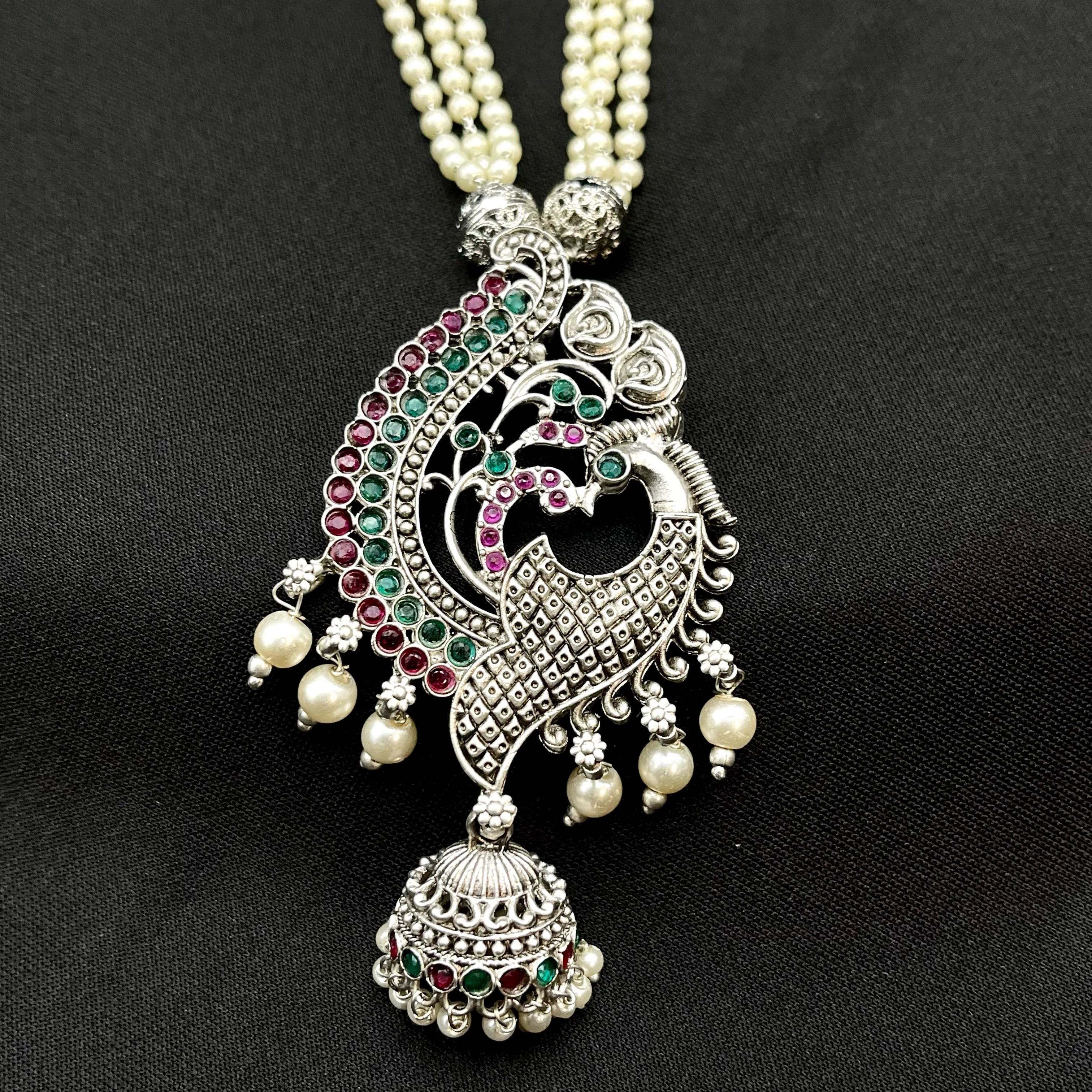 Peacock Oxidized German Silver Pearl Mala Necklace with Jhumka