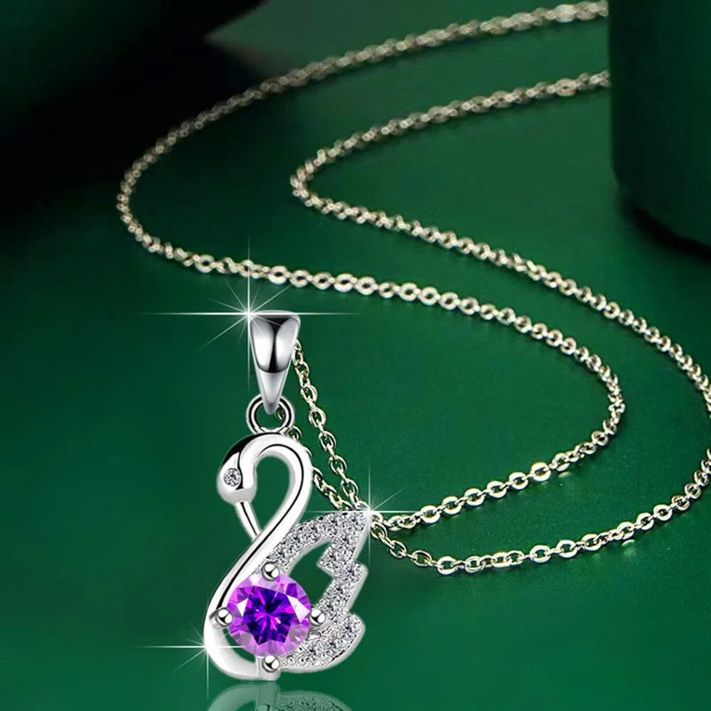 Swan Amethyst Pendant Necklace - 925 Sterling Silver