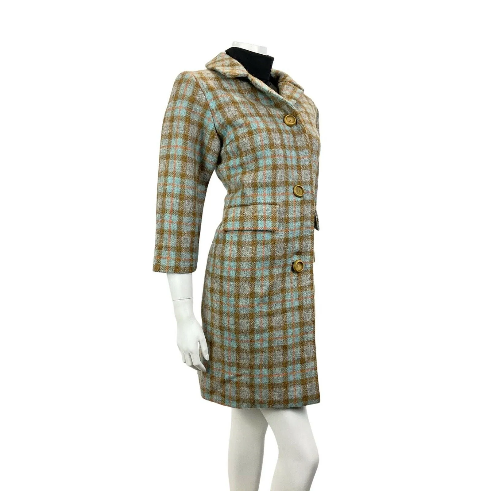 VINTAGE 60s 70s BLUE BROWN GREY TARTAN PLAID CHECKED MOD BOX WOOL COAT 12 14